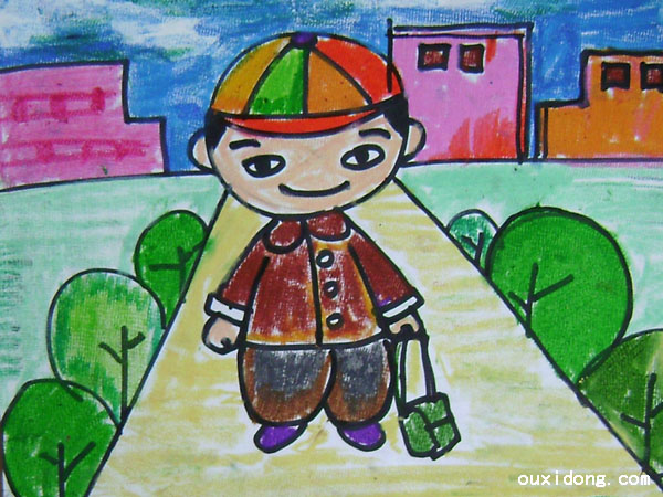 儿童油画棒作品我要上学