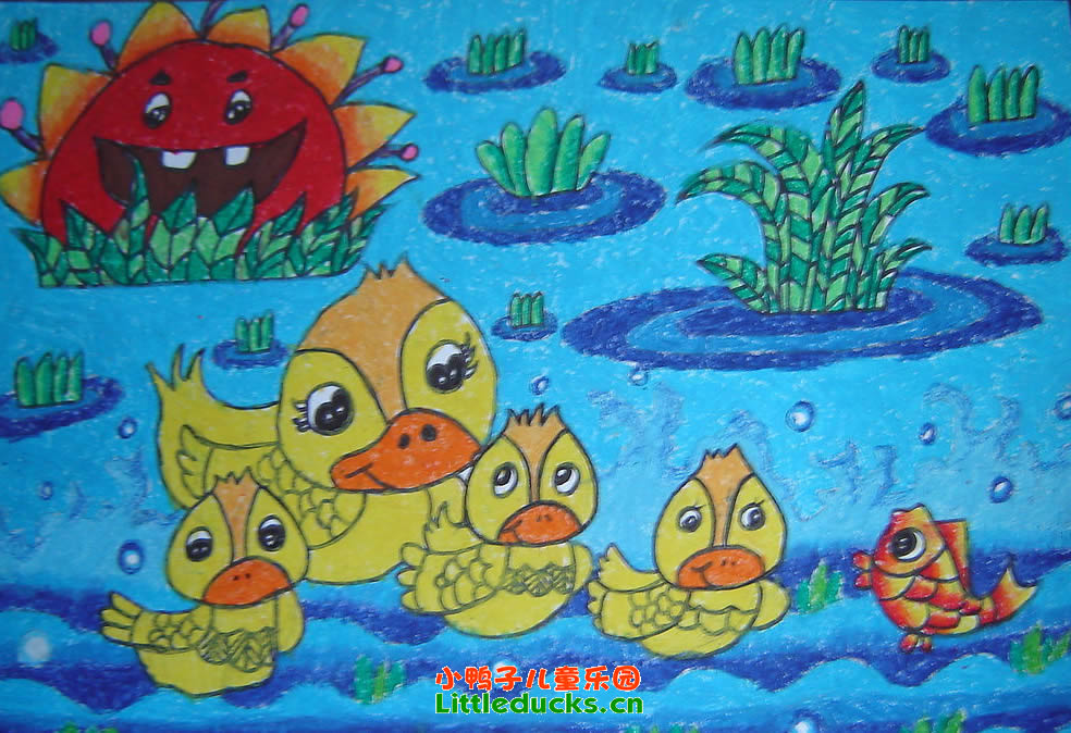 儿童画作品欣赏-鸭子戏水