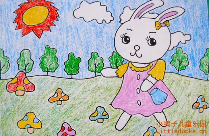 儿童油画棒作品:小白兔采蘑菇