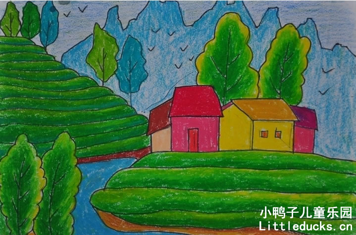 儿童油画棒作品:山乡风景