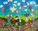 儿童水彩画作品:放飞鸽