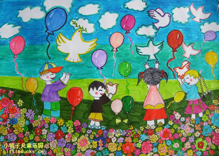 儿童水彩画作品:放飞鸽子