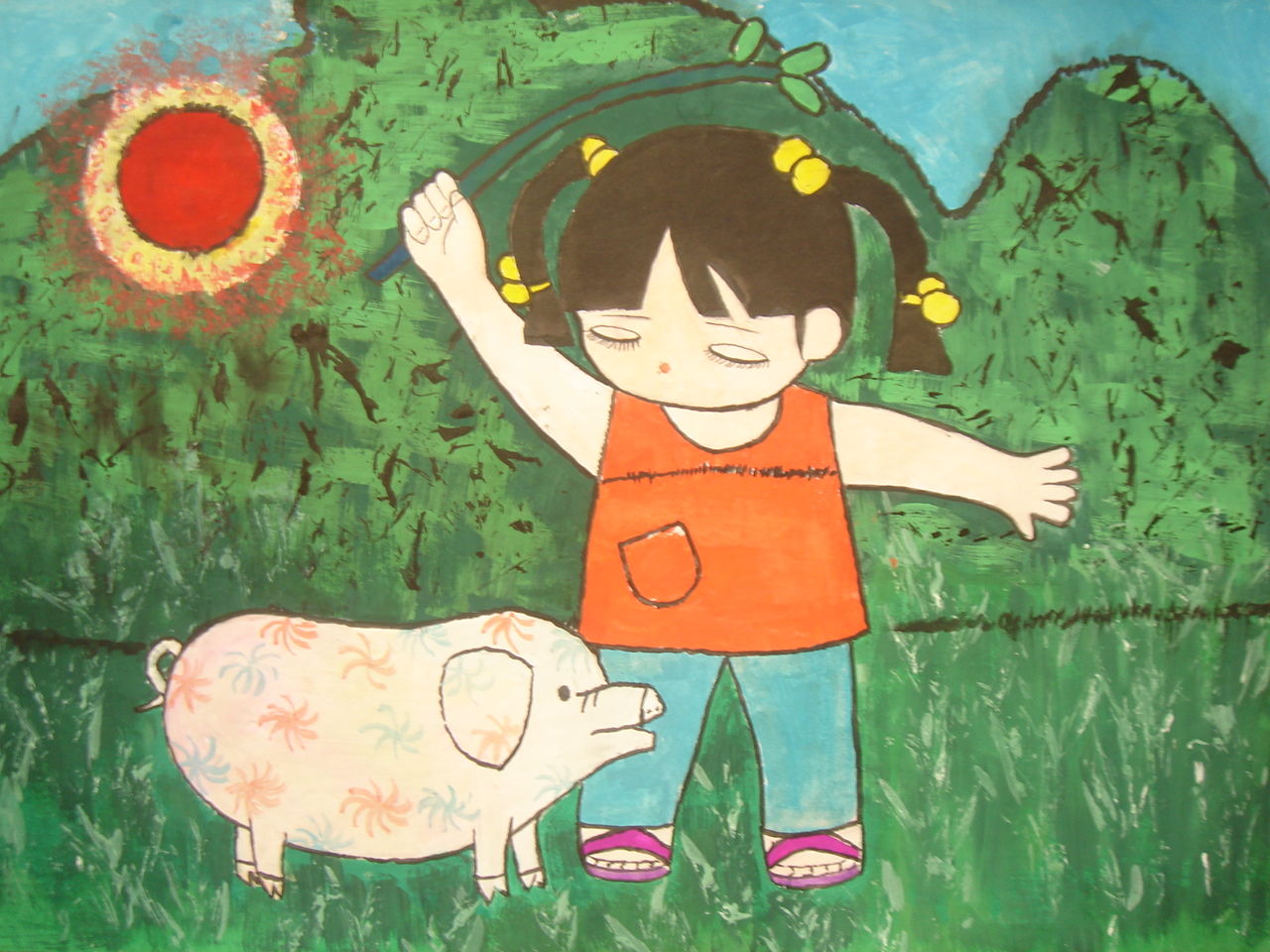 小学生绘画作品:赶猪