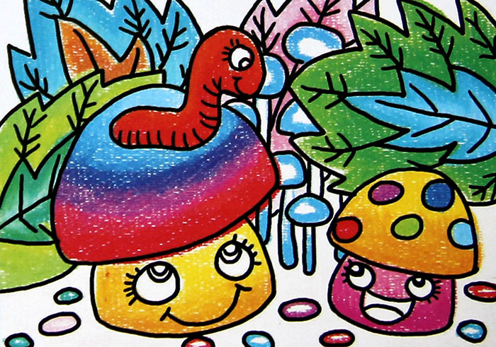 幼儿油画棒作品欣赏：两只大蘑菇