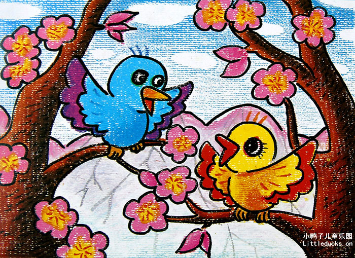 儿童油画棒画欣赏:欢乐的小鸟