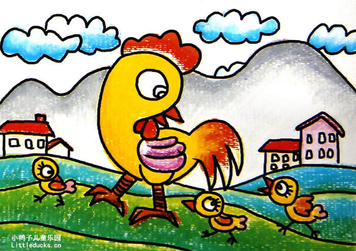 儿童油画棒画欣赏:鸡爸爸和小鸡
