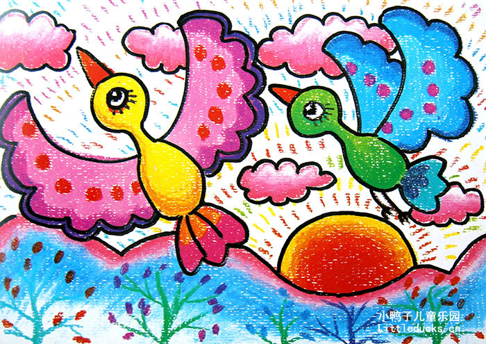 儿童油画棒画作品欣赏:五彩小鸟