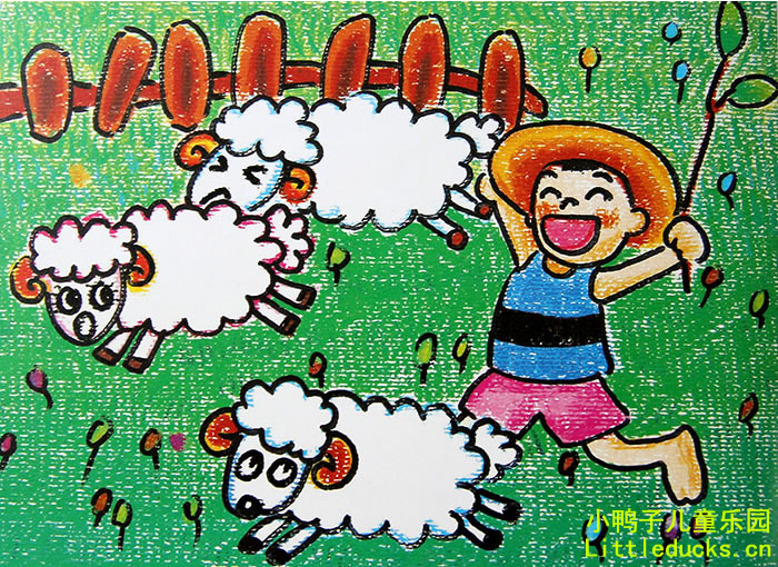 幼儿油画棒作品:放羊