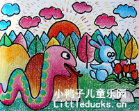 优秀儿童油画棒画欣赏:蛇与兔子