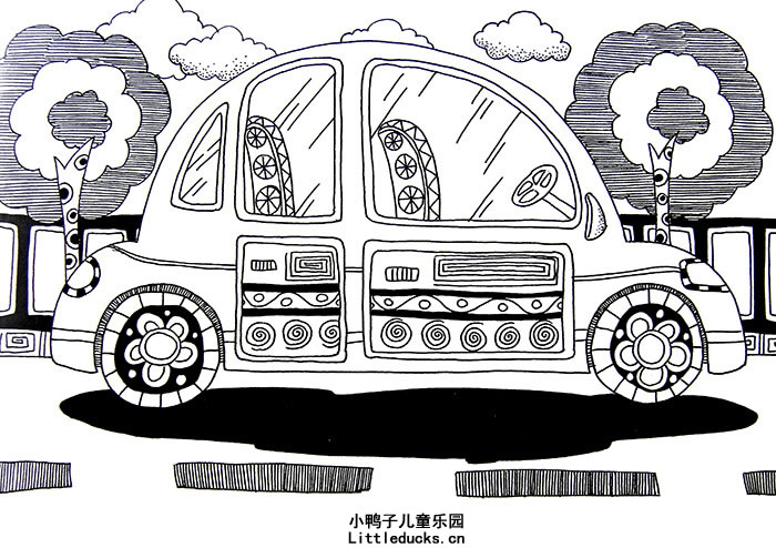 儿童线描画作品欣赏:小汽车