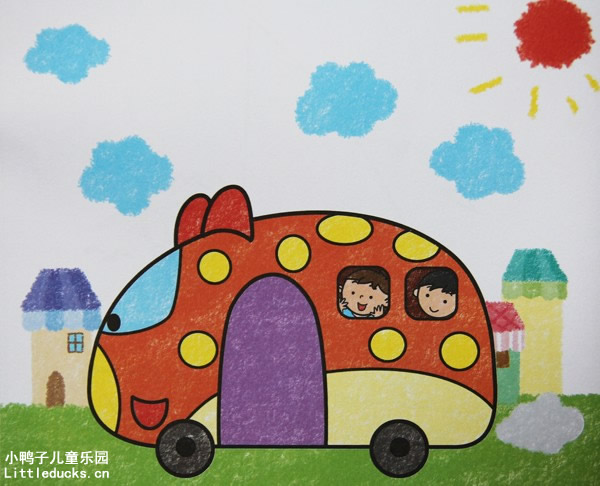 儿童油画棒画作品欣赏:安全校车