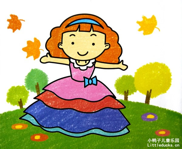 儿童油画棒画作品欣赏:穿着花裙子的小女孩