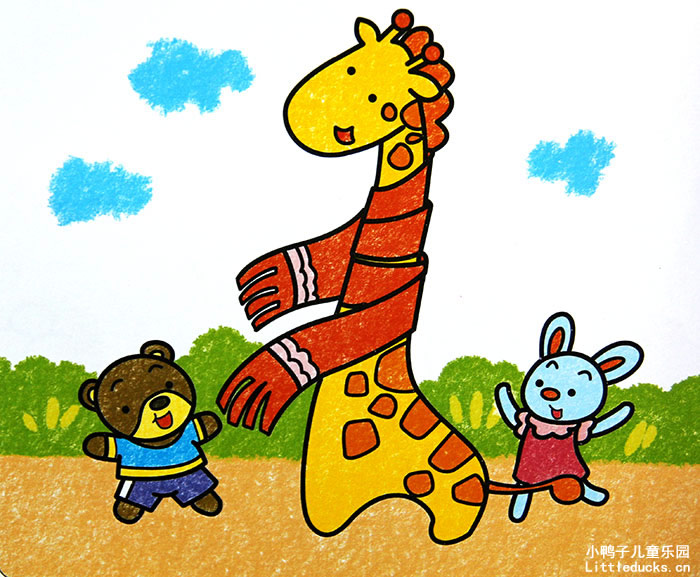 儿童油画棒画作品欣赏:长颈鹿的围巾