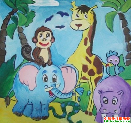 儿童彩色铅笔画图片:动物园里真快乐