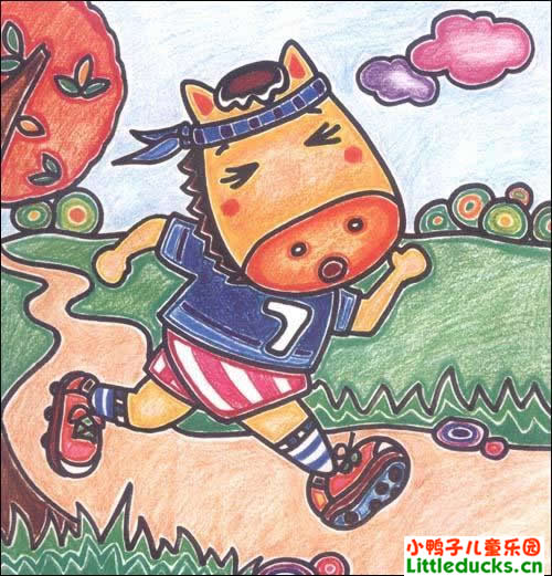 儿童彩色铅笔画图片:小牛赛跑