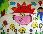 幼儿画画作品:母鸡带小