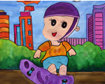 儿童水粉画作品:玩滑板