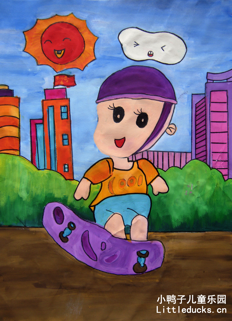 儿童水粉画作品:玩滑板的小男孩