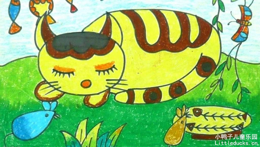 幼儿绘画作品:油画棒画大懒猫