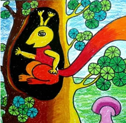 幼儿绘画作品:油画棒作品可爱的小松鼠