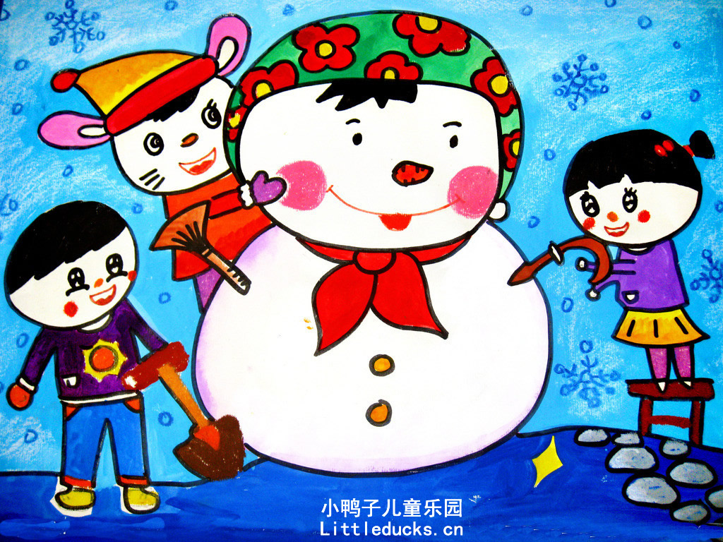 小学生绘画作品:水彩画堆雪人