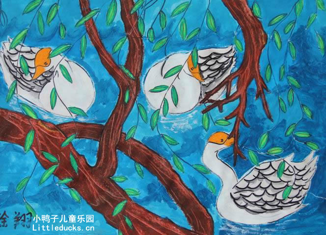 小学生绘画作品:水粉画白鹅戏水