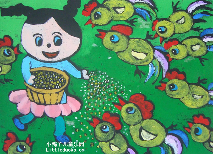 小学生绘画作品:水粉画喂鸡