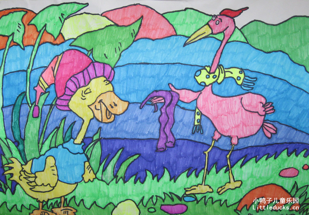 小学生绘画作品:水彩画作品鹤与鸭