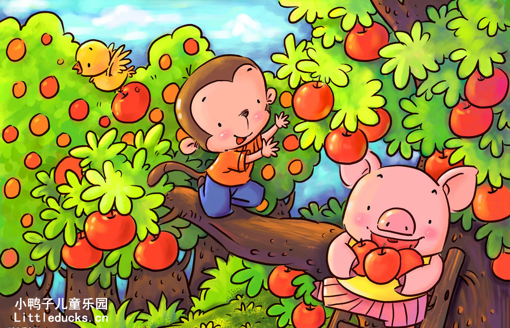儿童水粉画作品小猴小猪摘苹果