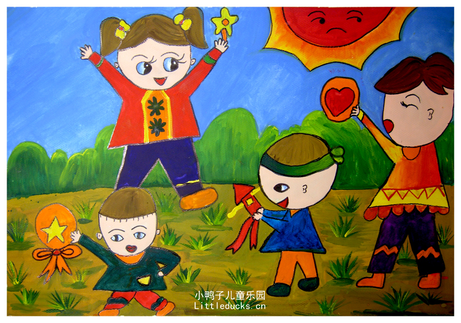 儿童画作品欣赏:水彩画快乐玩耍的小孩