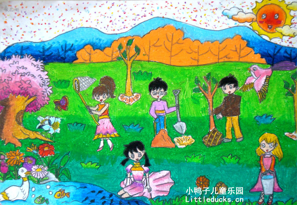 小学生绘画作品:油画棒画春天