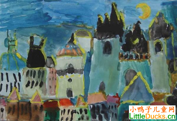 捷克儿童绘画作品有月亮的晚上