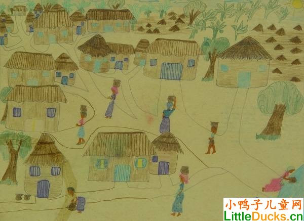 乌干达儿童绘画作品母亲井中汲水