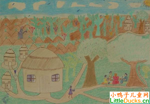 乌干达儿童绘画作品乡间生活