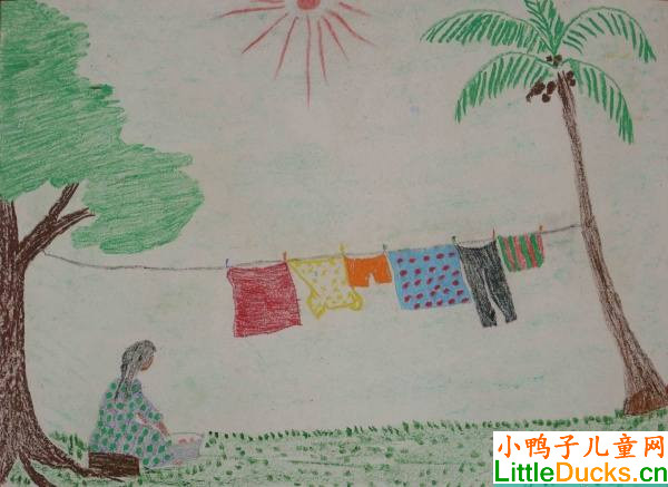 东加王国儿童绘画作品民俗图案洗衣服的女人