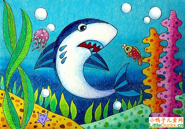 儿童学画画:油画棒画大鲨鱼绘制步骤