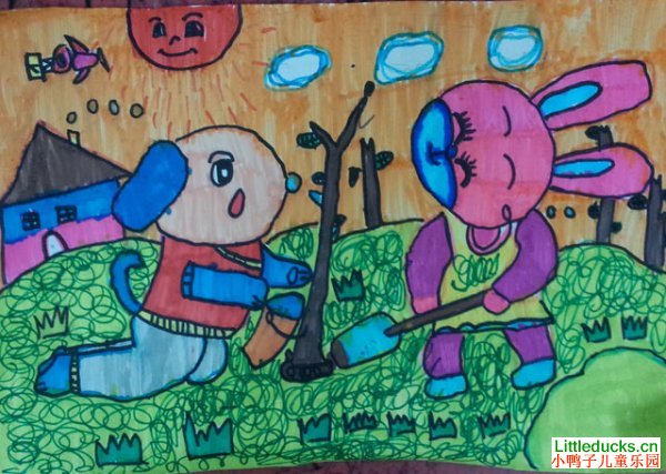 儿童绘画作品小动物爱植树-儿童水彩画-小鸭子儿童