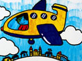 儿童绘画作品飞机与天空
