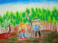 儿童绘画作品我们和小树