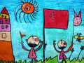 儿童绘画作品我和国旗比高高