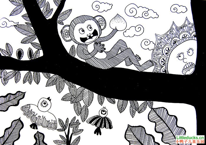 儿童画作品欣赏小猴子摘桃-儿童线描画-小鸭子儿童.