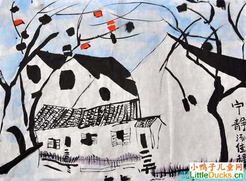 儿童水墨画作品宁静的村庄