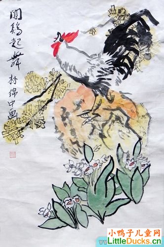 少儿水墨画图片闻鸡起舞