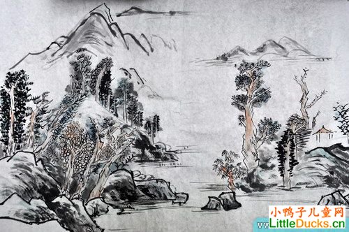 儿童水墨画作品溪转山水路欲迷
