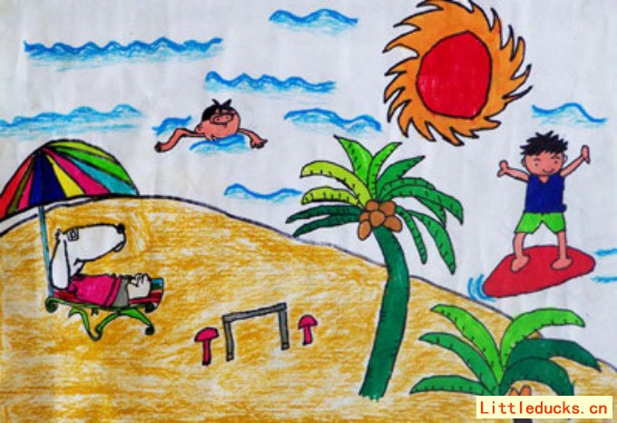 海滩假日-水彩画-小鸭子儿童乐园littleducks.cn