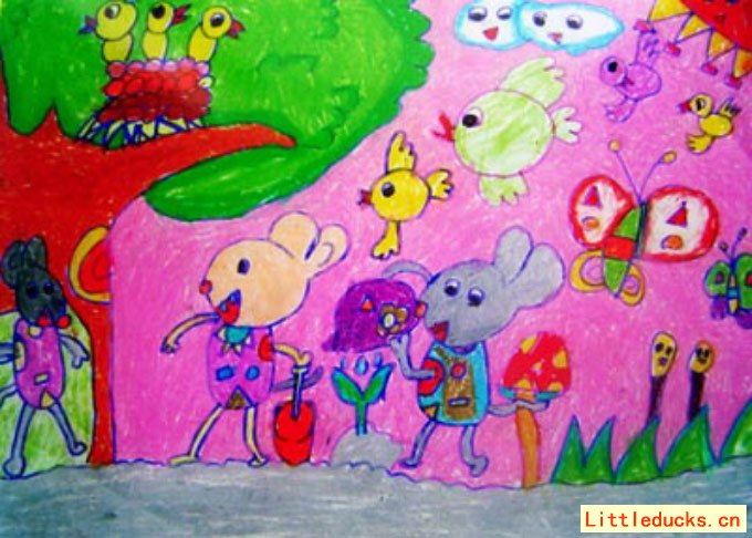 幼儿绘画作品小动物迎春