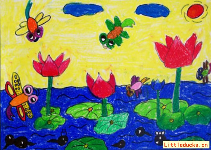 儿童画作品欣赏:蜻蜓戏荷