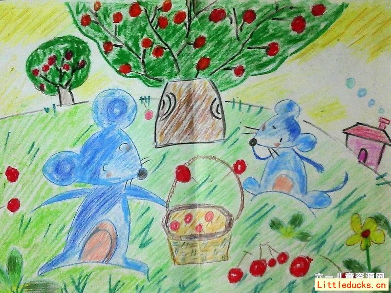 幼儿绘画图片两只老鼠摘苹果