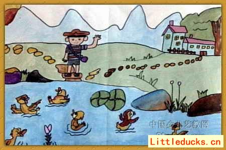 幼儿绘画作品赶鸭子的小男孩