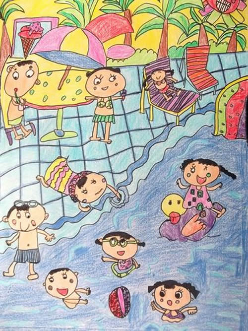 夏天热闹的海边儿童画作品欣赏
